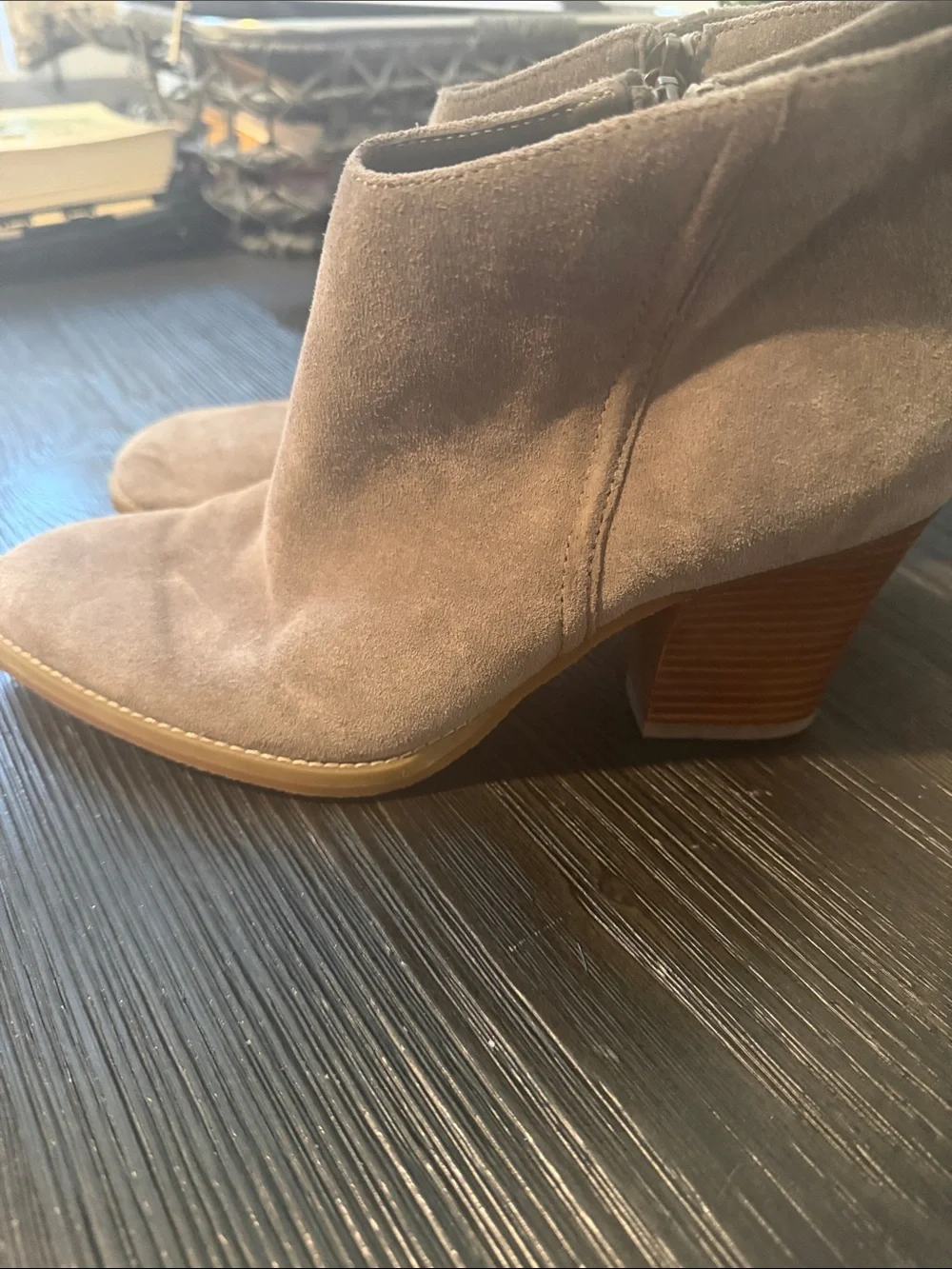 Susina Taupe Suede Ankle Booties with Block Heel